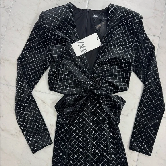 NEW ZARA BLACK SHIMMERY VELVET LONG DRESS SIZE SMALL MIDI LENGTH Style 0387/157 - Picture 2 of 6